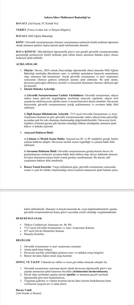 Öğretmenlik Güvenlik Soruşturmasının olumsuz gelmesi halinde açılacak davalara ilişkin örnek dava dilekçesi - Tayarer Hukuk 2024